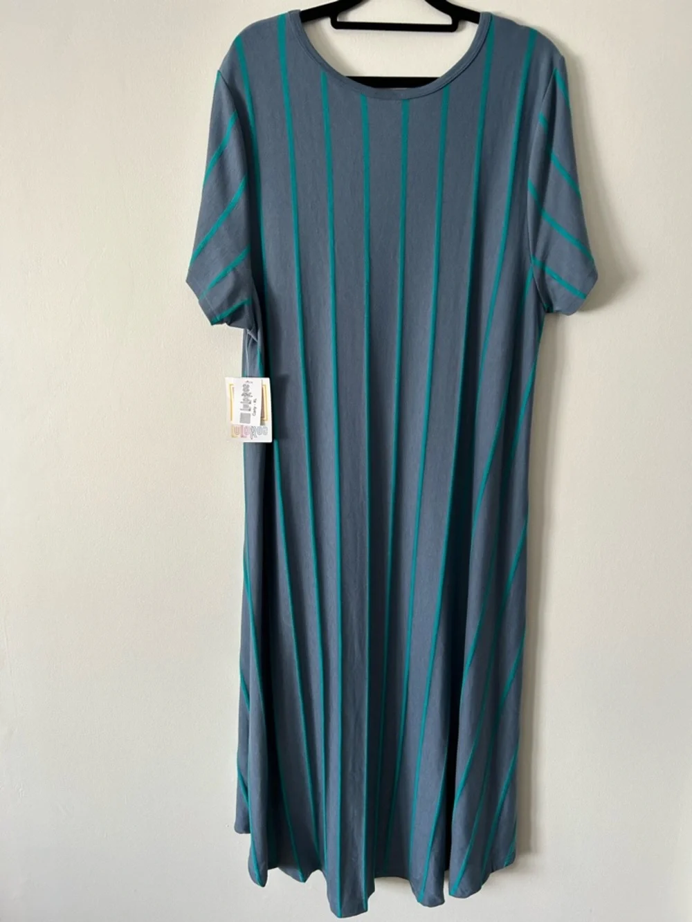 LuLaRoe Carly Gray Maxi Dress with Teal Stripe High-Low Hem - Picture 2 of 6